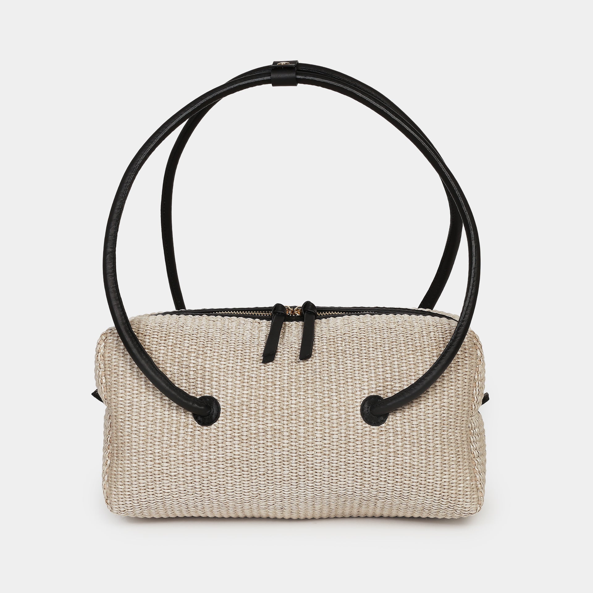 borsa Carol east west in rafia taupe e pelle nera marchio Arron design minimale giapponese manico grafico scultoreo vista frontale Made in Italy