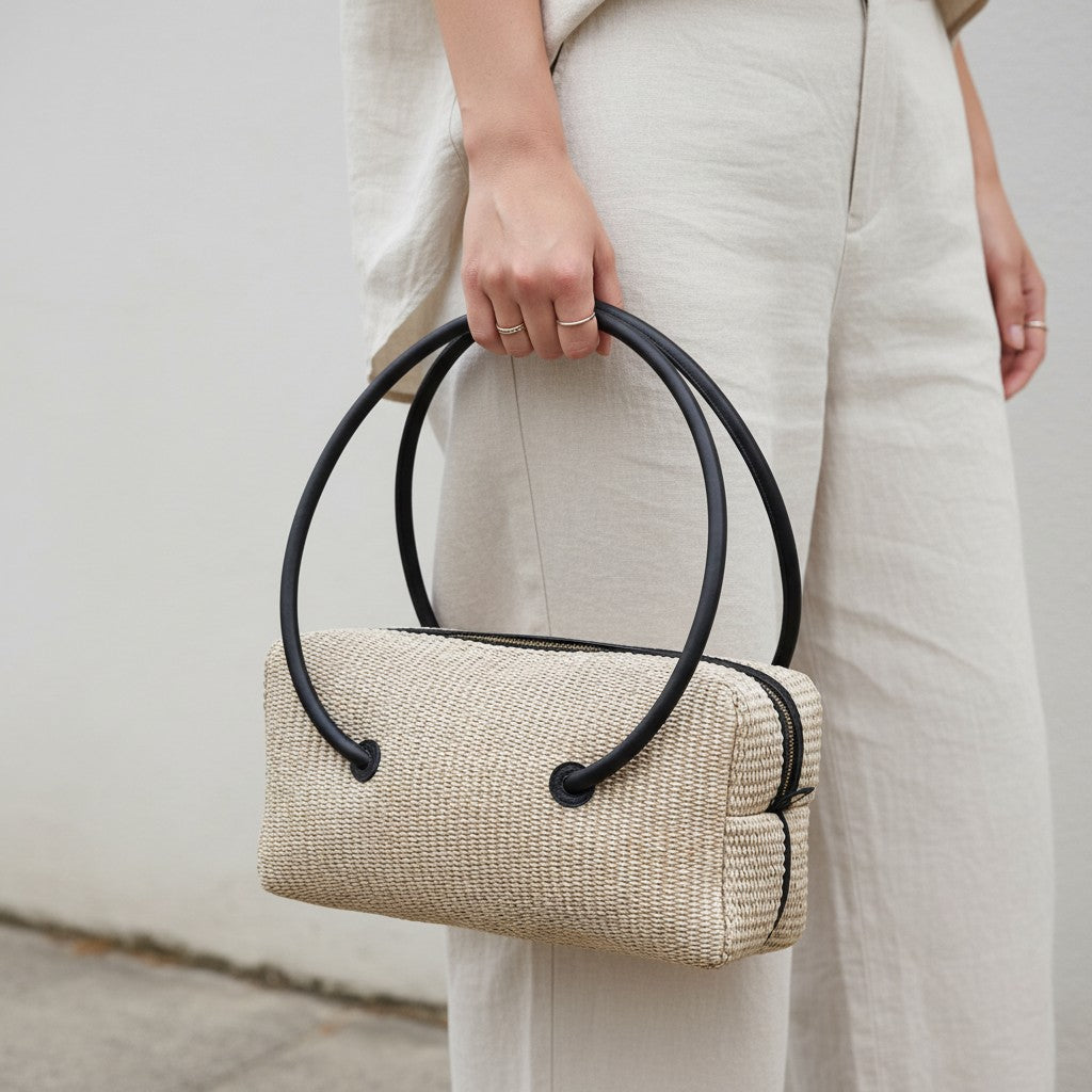 borsa Carol east west in rafia taupe e pelle nera marchio Arron design minimale giapponese manico grafico scultoreo indossata a mano Made in Italy