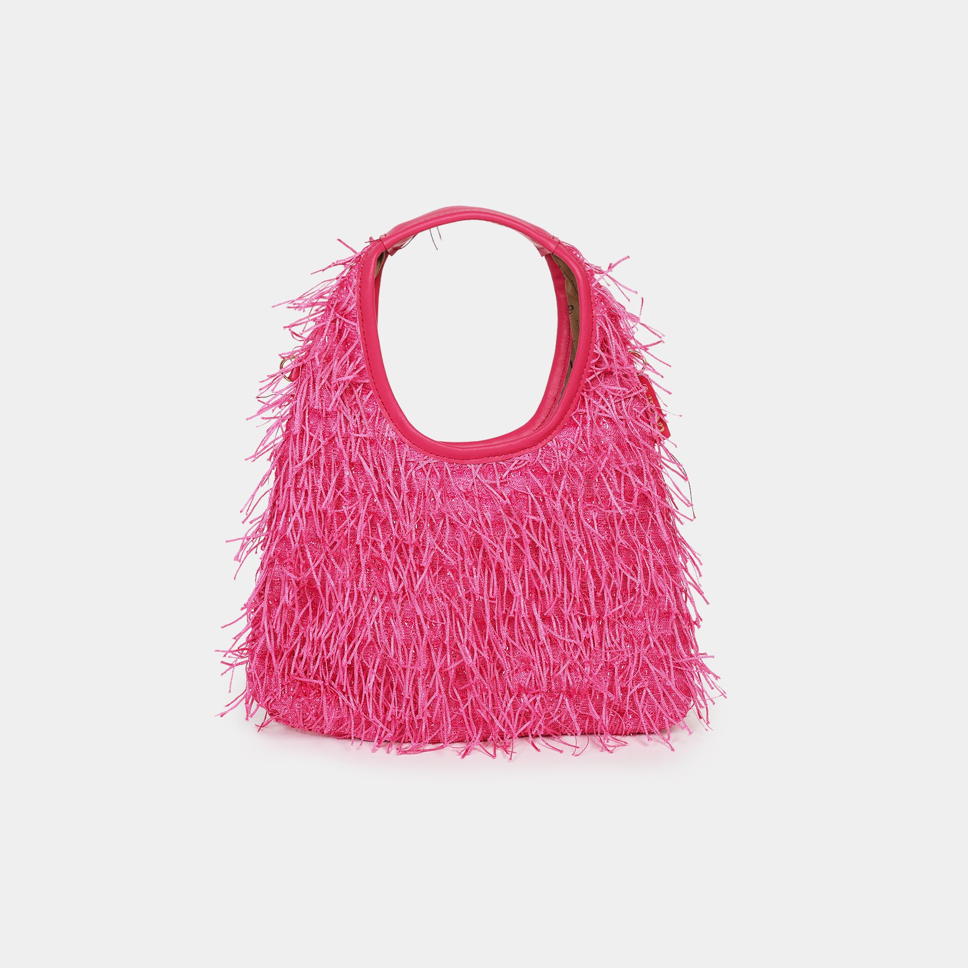 Borsa mini EVA Arron con frange luminose fuxia, look sera e festa frontale