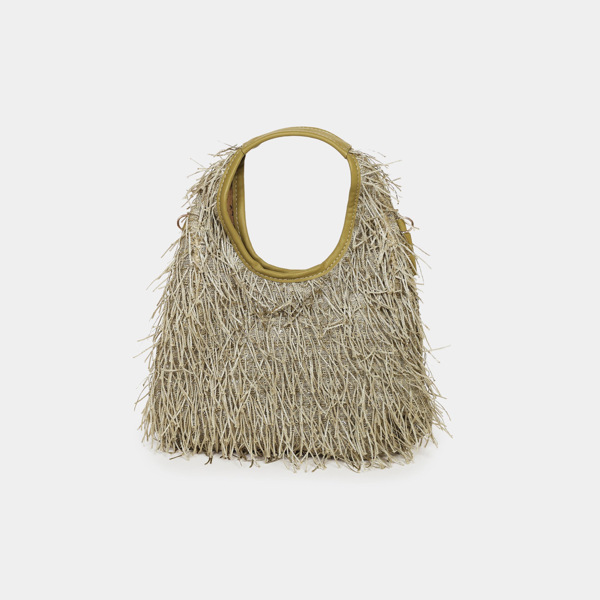 Borsa mini EVA Arron con frange luminose color salvia, look sera e da party, vista frontale