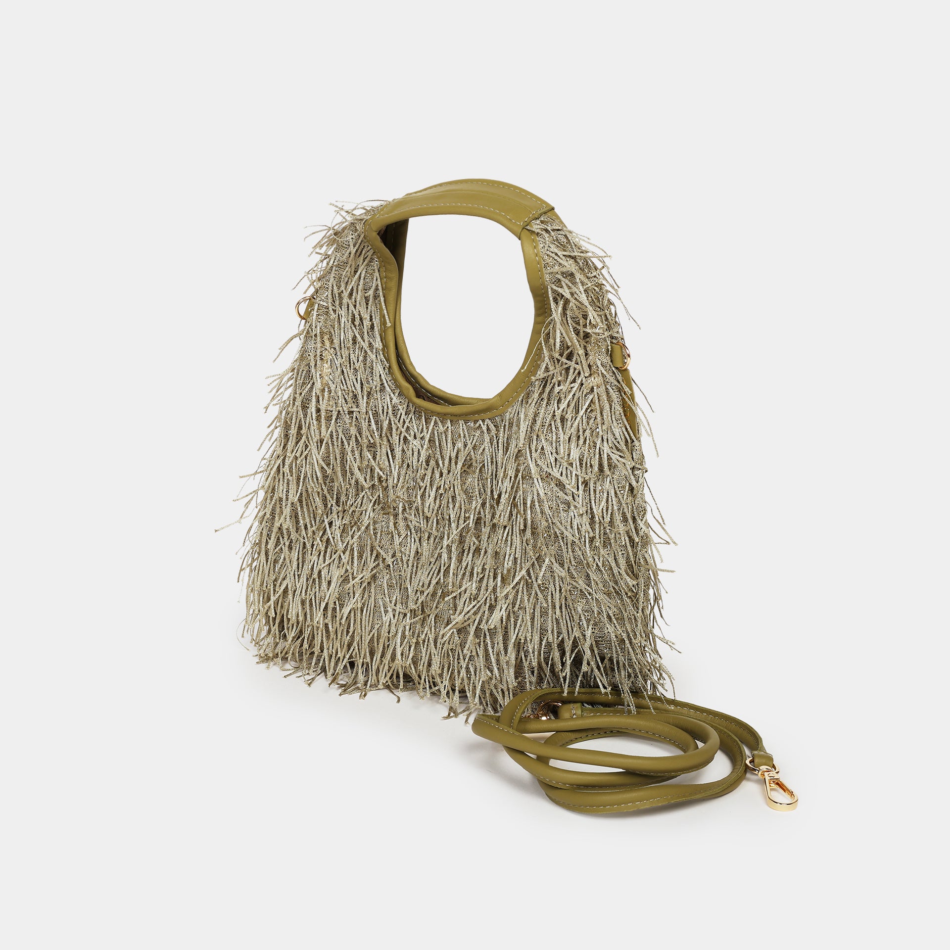 Borsa mini EVA Arron con frange luminose color salvia, look sera e da party, vista laterale con tracolla