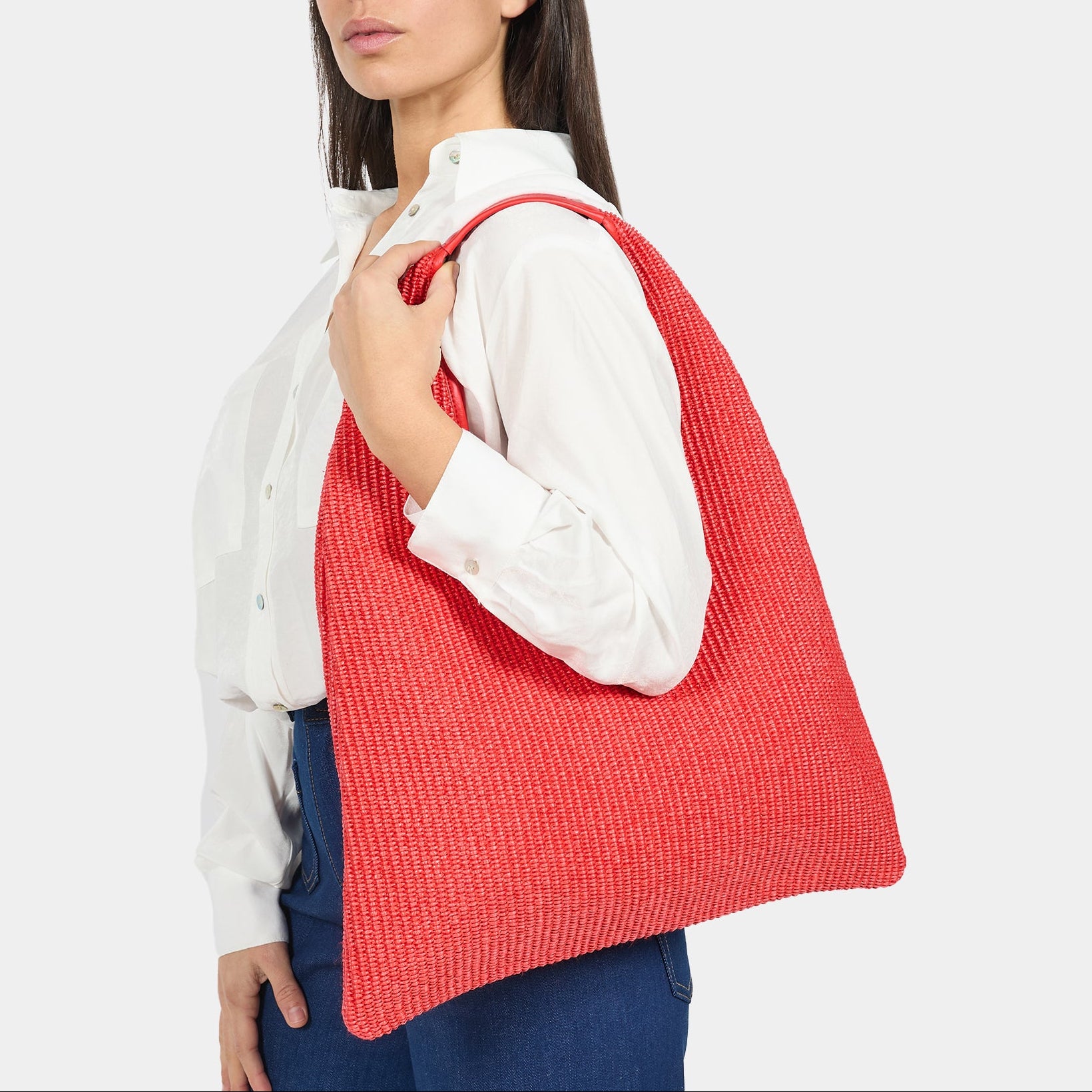 borsa hobo Eva in rafia e pelle color corallo brand Arron