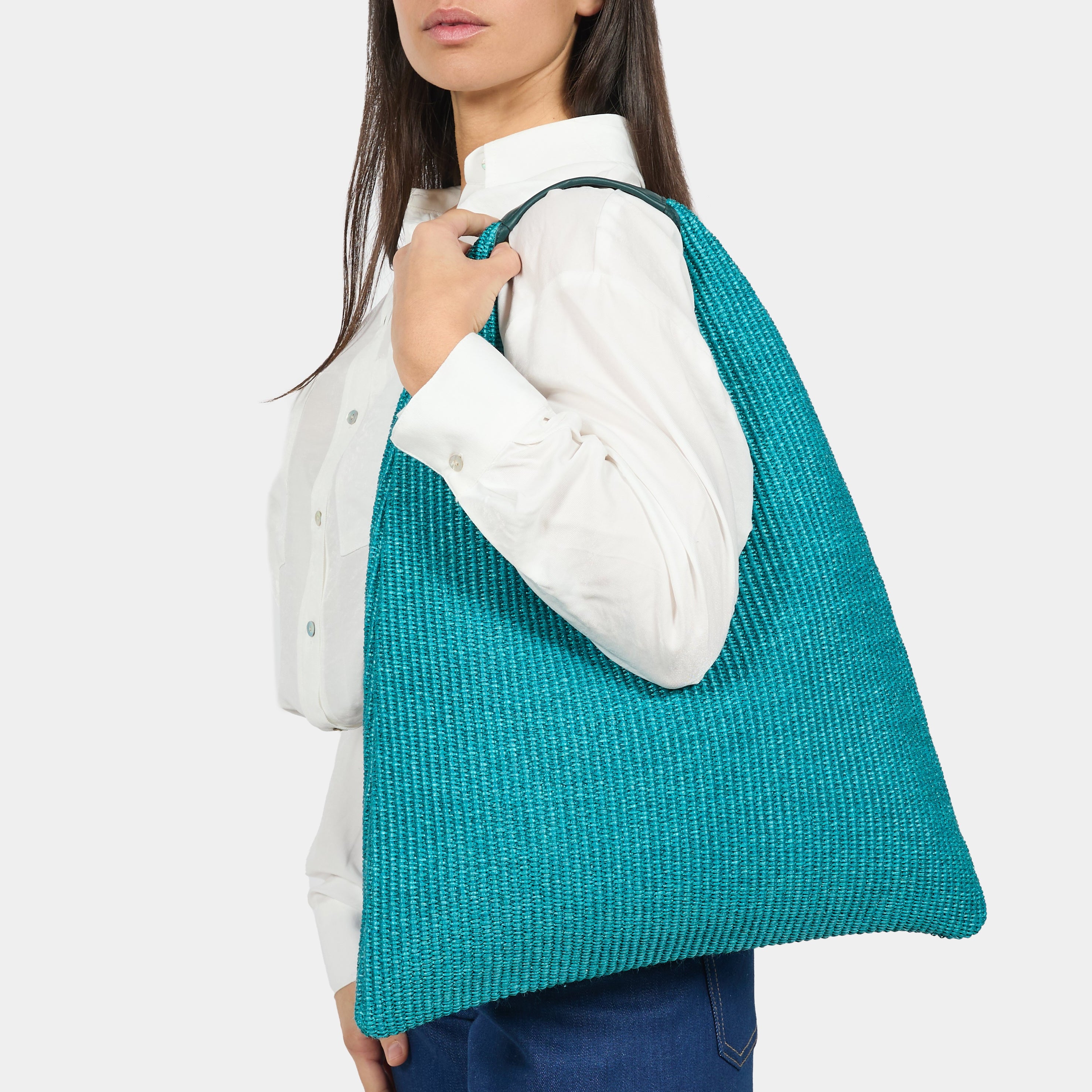borsa hobo Eva in rafia e pelle color smeraldo brand Arron