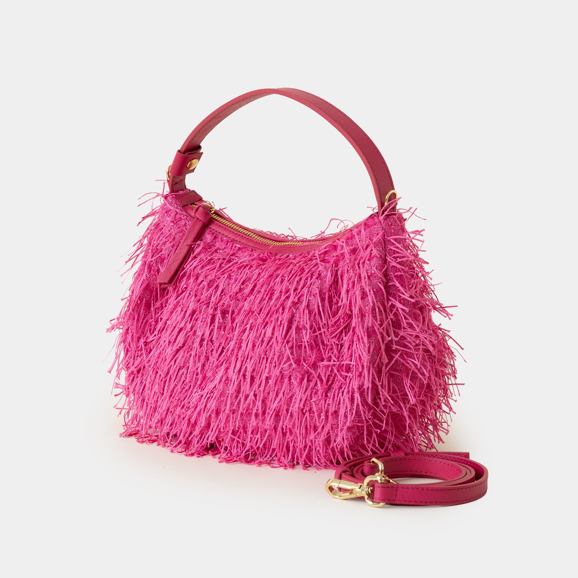 borsa luna Arron con frange fuxia party bag per eventi e cerimonie elegante con tracolla removibile
