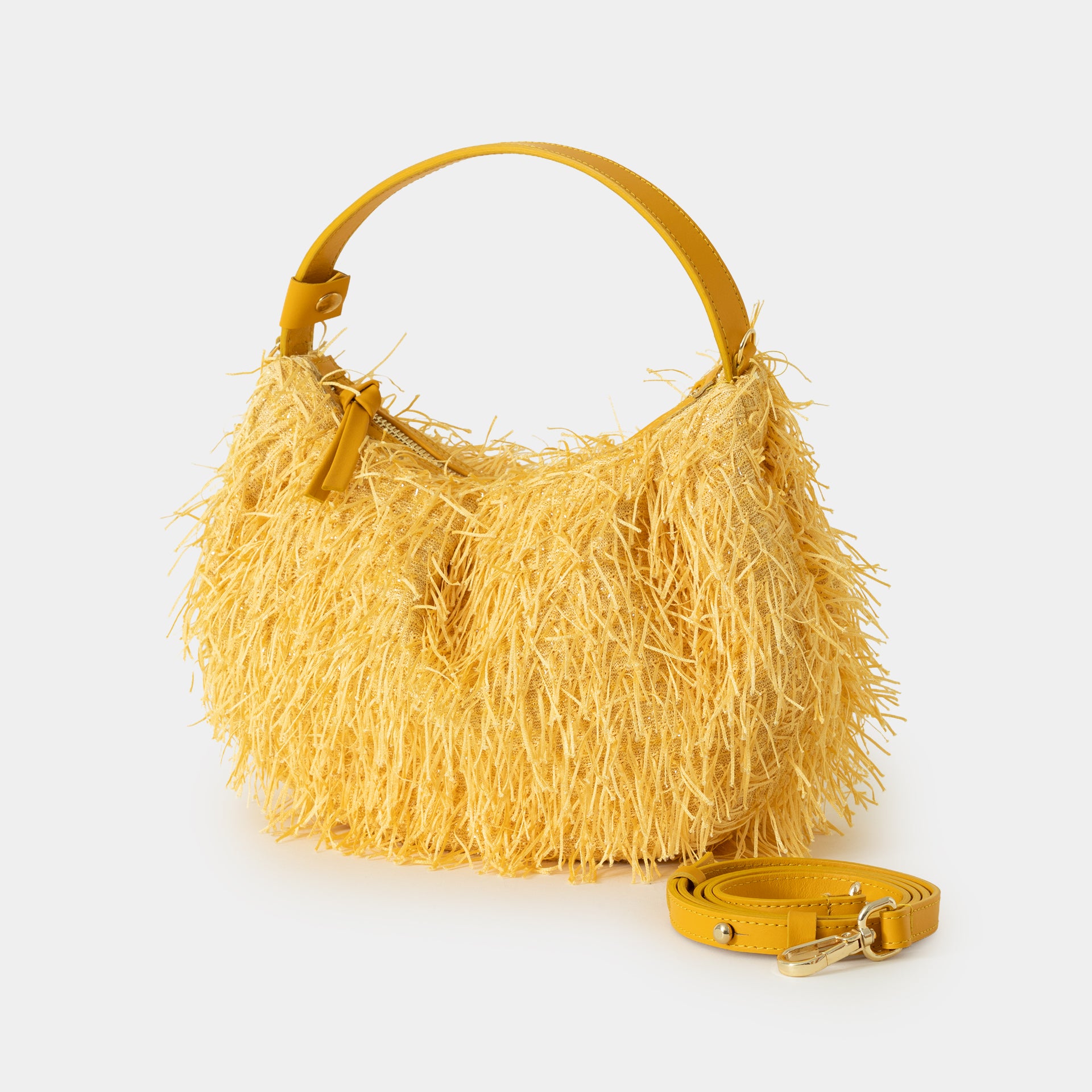 borsa da occasione, da festa, da sera con frange luminosa color giallo limone brand Arron con tracolla removibile