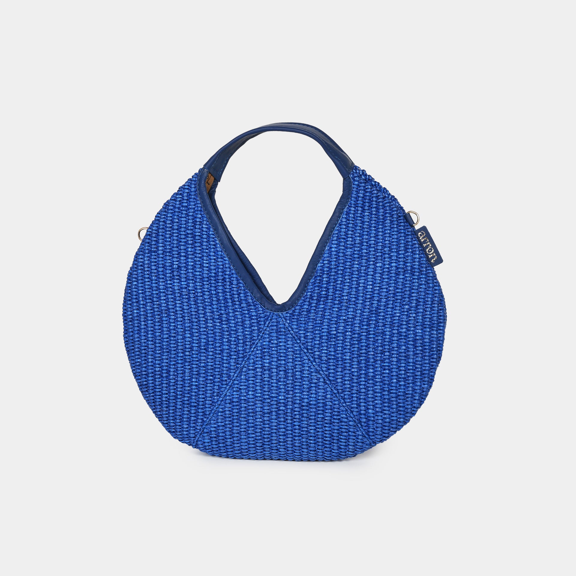 mini borsa Arron in rafia cobalto e pelle vista frontale made in Italy