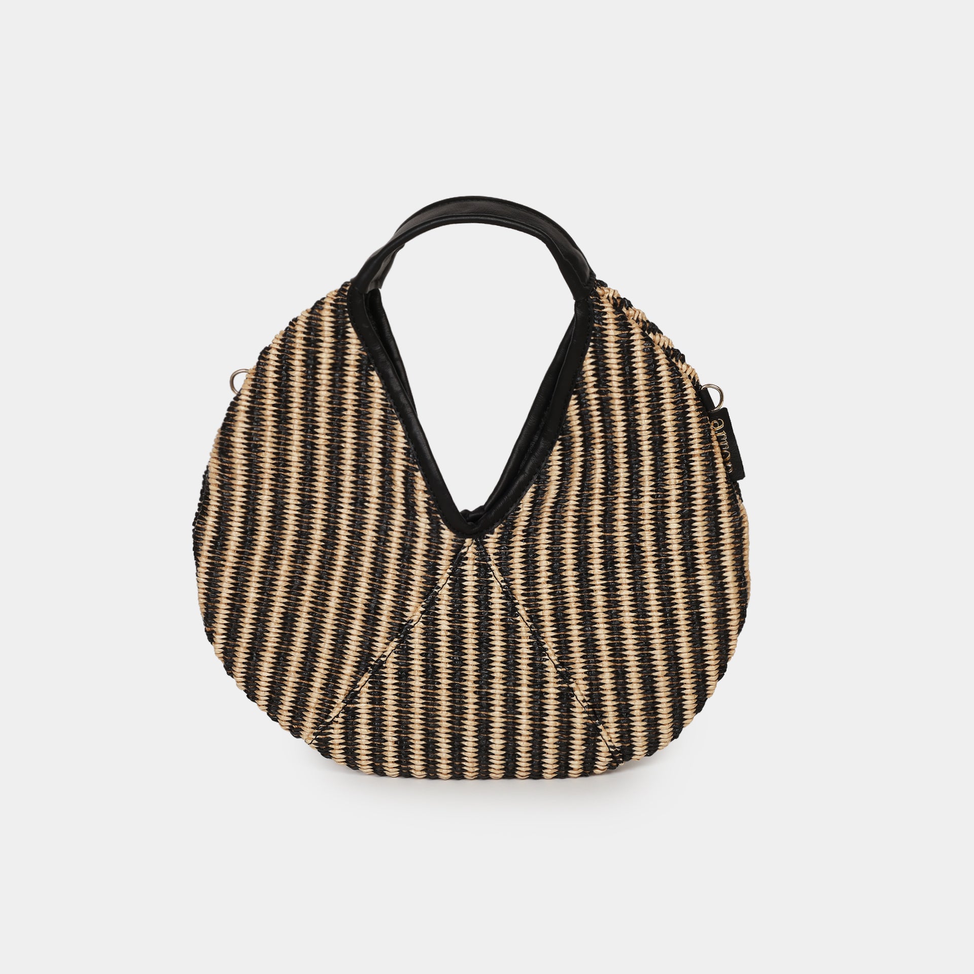 mini borsa Arron in rafia a righe beige e nero effetto ottico e pelle vista frontale made in Italy