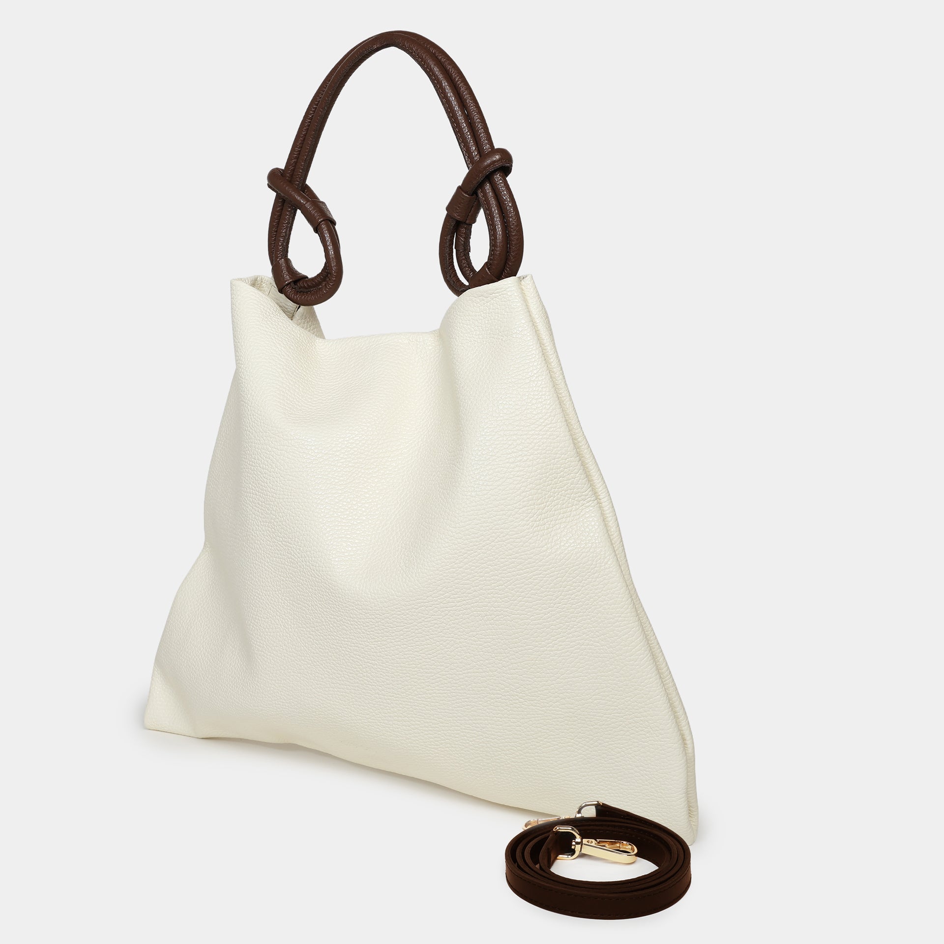borsa in pelle martellata burro con manico con nodi decorativi marrone hobo grande marchio Arron con tracolla