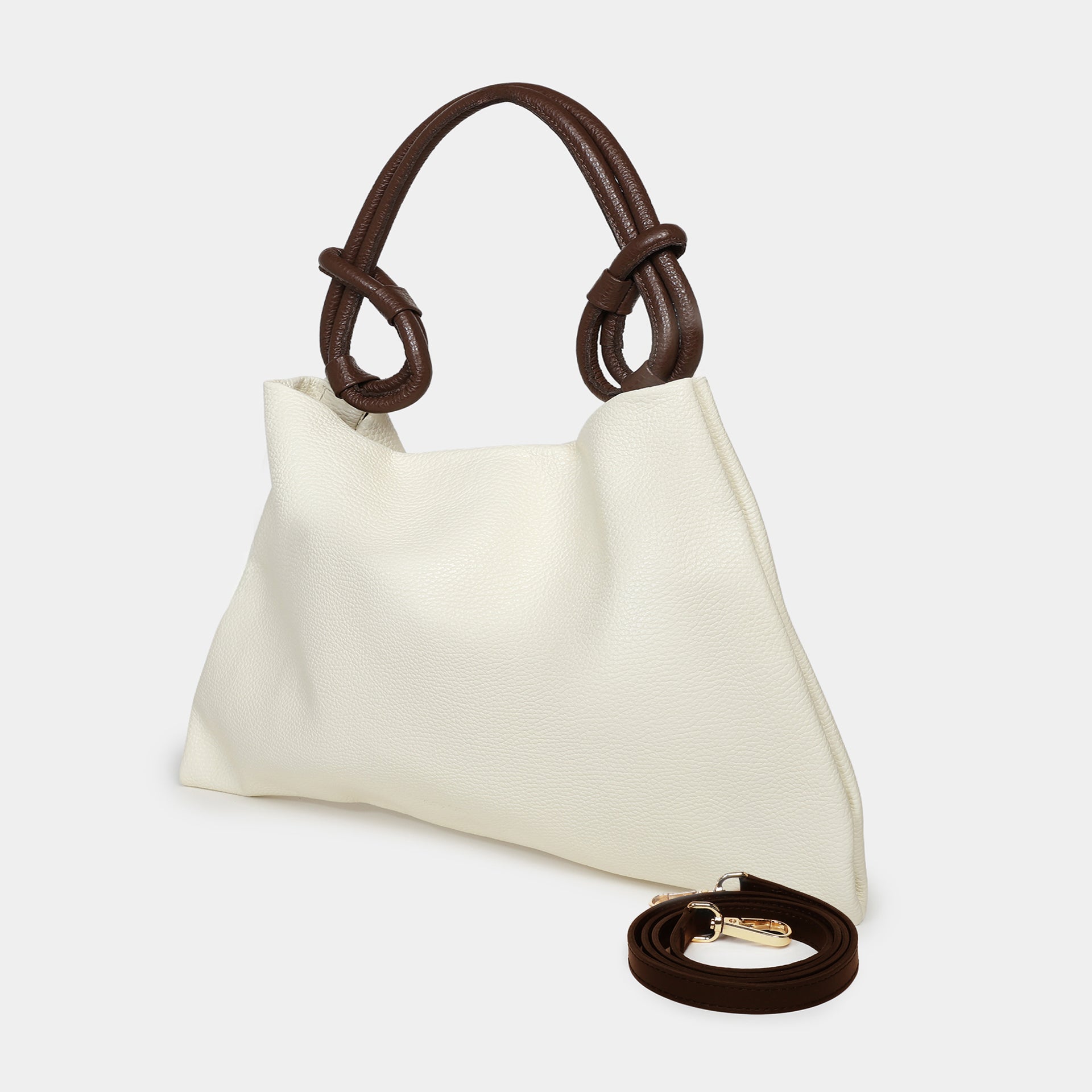 borsa in pelle martellata burro con manico con nodi decorativi marrone hobo piccola marchio Arron con tracolla