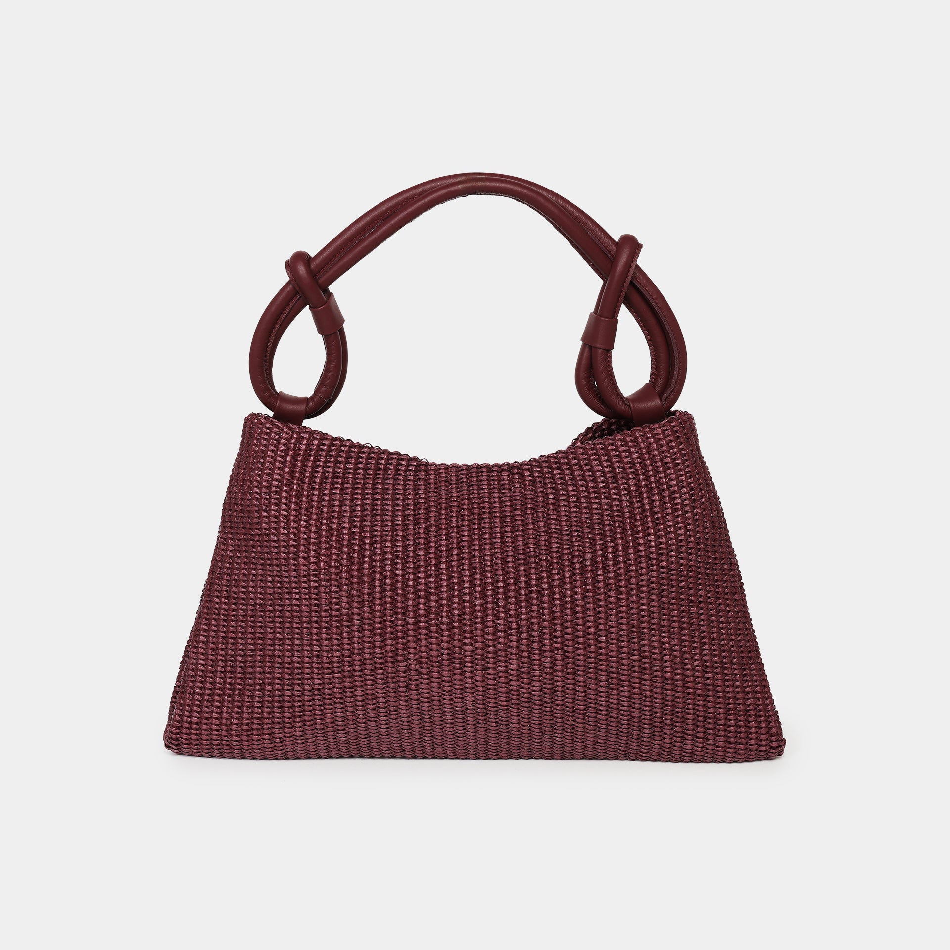 borsa poppy hobo piccola in rafia color prugna con manici con nodi decorativi del marchio Arron vista frontale