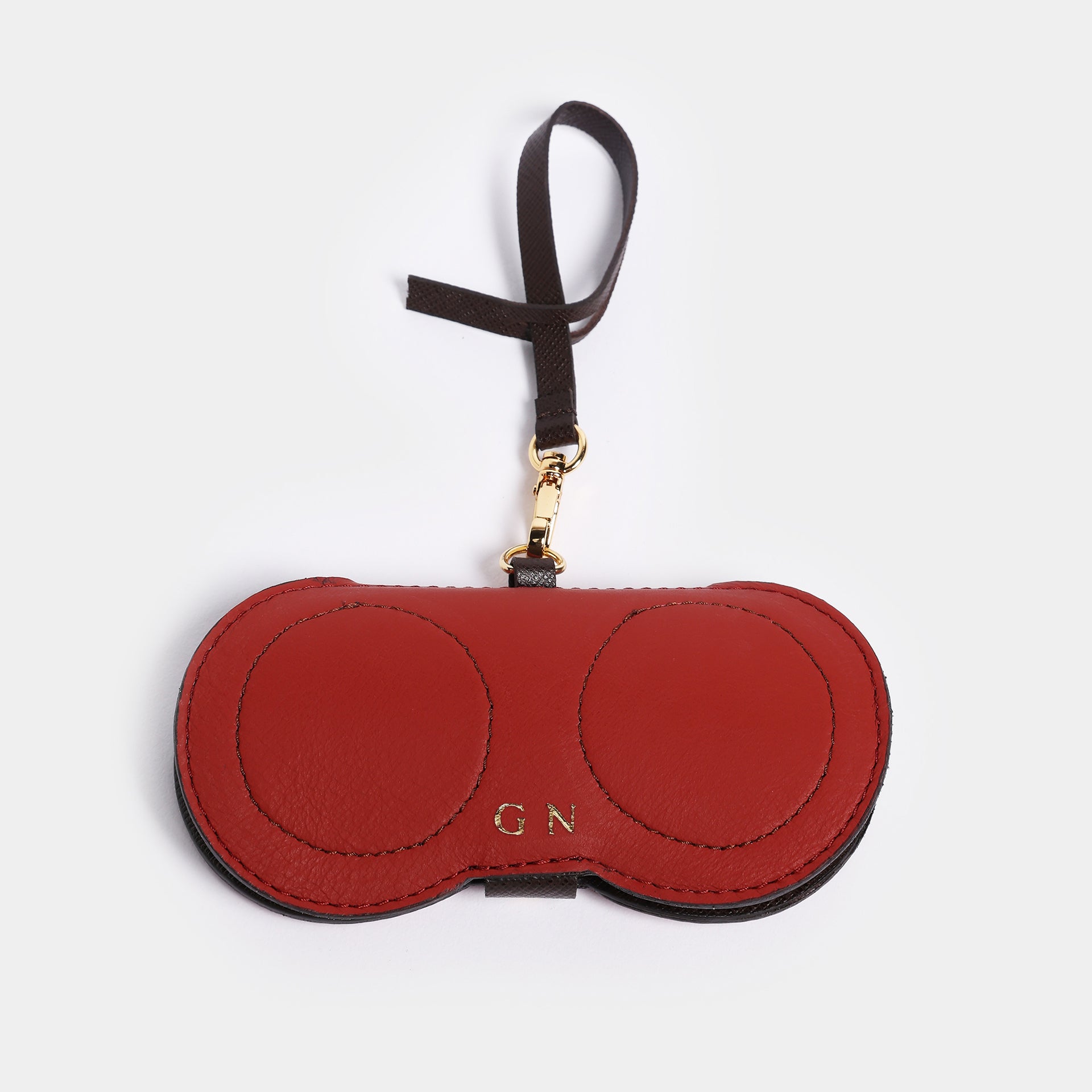 Portaocchiali Marisol in pelle mattone personalizzato con iniziali, fatto a mano in Italia da Arron